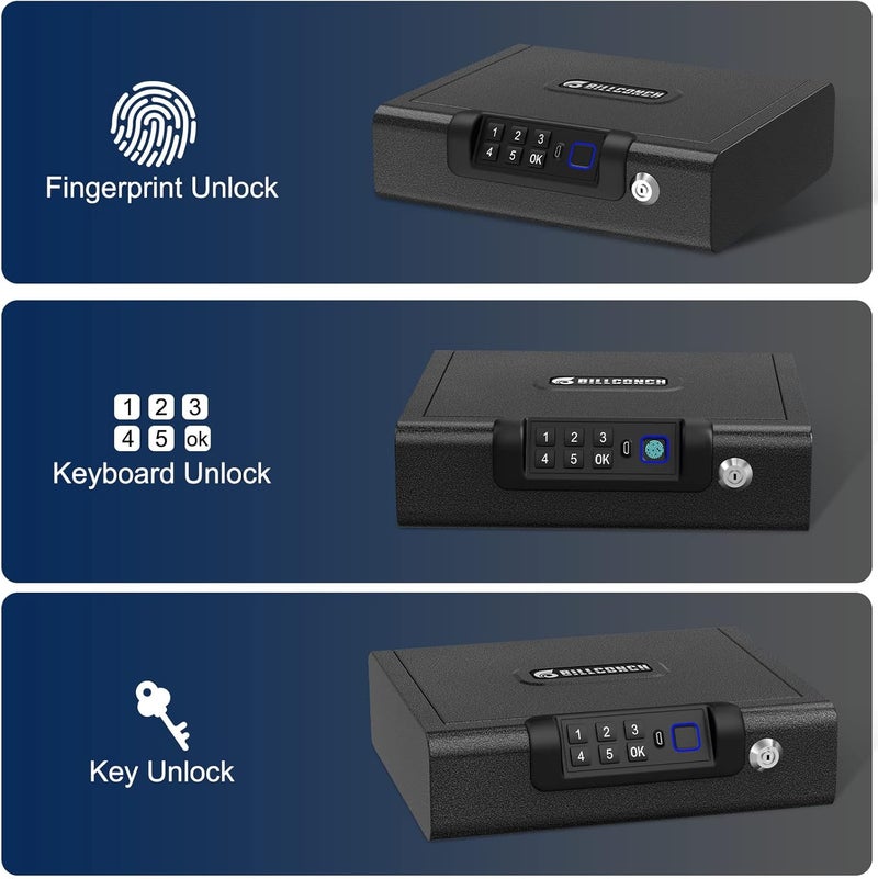 BILLCONCH Biometric Gun Safe for Pistols 3-Ways unlock Fingerprint Digital PIN Key Unlock Handgun Safe with Sound, Lock box for Cloakroom living room Bedroom Nightstand and Car - Image 2